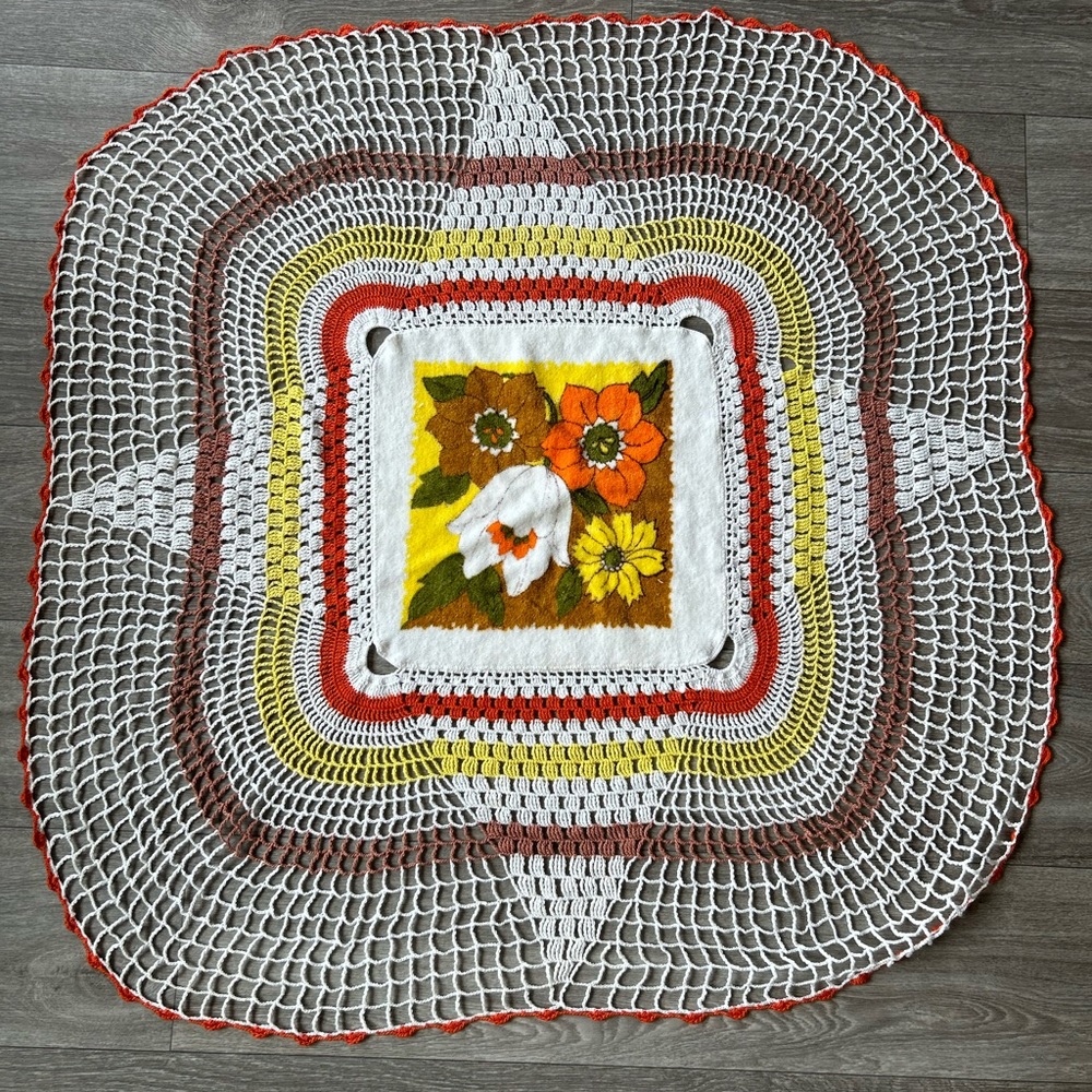 Vintage 70’s Crocheted floral Table Cloth Blanket Bohemian Hippie That 70’s Show